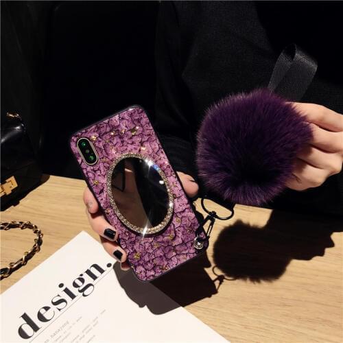 Bling Diamond Mirror Gold Foil Case Cover With Real Fox Fur Ball Pendant Wrist Band For Iphone 11 Pro XS Max XR X 8 7 6 6S Plus