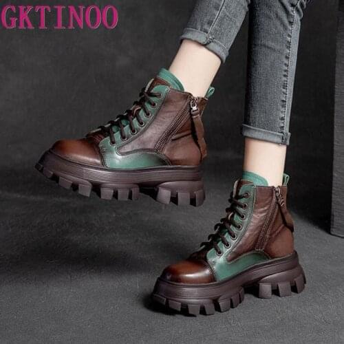 GKTINOO Women Ankle Boots Winter 2021 New Genuine Leather Shoes Zip Round Toe Wedges Retro Mixed Colors Platform Short Boots