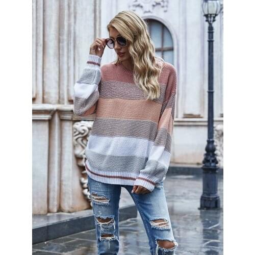 H80&S90 Hot New Women Striped Sweater Fashion O-Neck Long Sleeve Pullover Ladies' Loose Knitted Jumper Wimter Sexy Jumper Tops