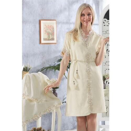 Bathrobe Set for Ladies Bamboo Quality Stylish Design Embroidered Head Towel Elegant fashionable Female Woman rv2