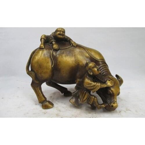 Chinese Lovely Bronze Copper Two shepherd boy bull Cattle ox Vaquero Statue