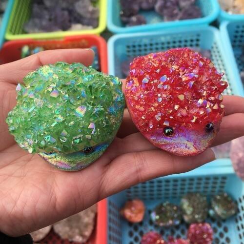 Natural Crystal Cluster Hedgehog Figurine Drusy Geode Aura Titanium Statue Healing Meditation Party Gifts Fengshui Decoration