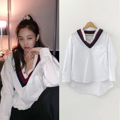 Kpop Seo Yea Ji IU Lee Ji Eun Fashion Autumn College Style Long Sleeve White Shirt Women streetwear Harajuku V-neck Blouses Tops