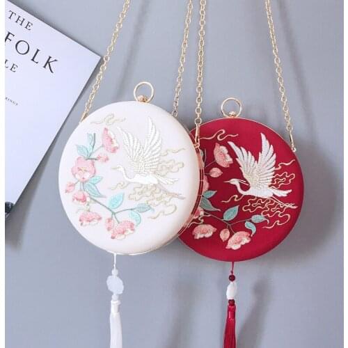 Antique Cheongsam Embroidered Round Bag Chinese Style Womens Bag Messenger Bag With Round Handle And Metal Chain