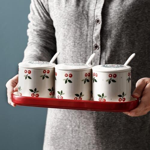 Set of 3 Ceramic Spice Jar Salt Pepper Storage Box Container with Tray Spoon Rack Kitchen Accessories Tools Gadget Organizer