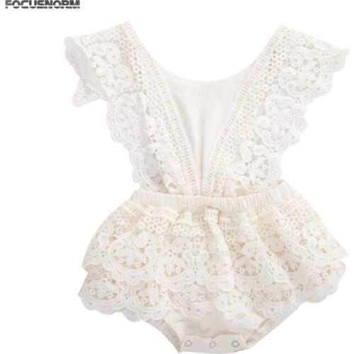 0-3Y Baby Girls Bodysuits Lace Flowers Ruffles Short Sleeve Backless Jumpsuits Summer Outfits
