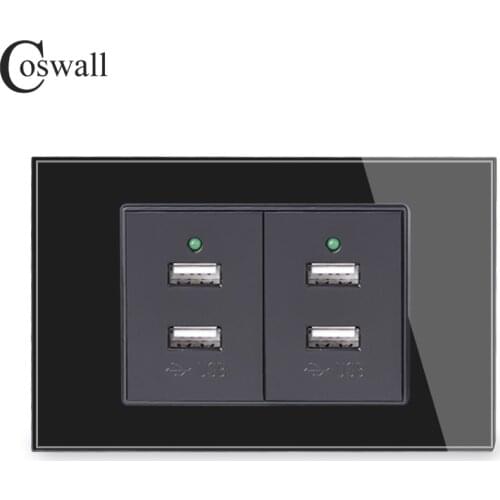 Coswall US Size Tempered Glass Panel Wall Socket 2/4 USB Charge Port With LED Indicator DC 5V, 2A / 4A Output White Black Gray