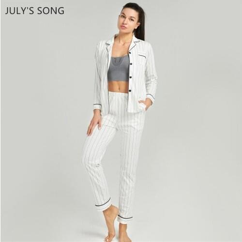 JULYS SONG Cotton Pajamas Women Vertical stripes 2 Pieces Set Simple Casual Sleepwear Spring Lapel Long Sleeve Trousers Suit