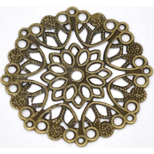 8Seasons Iron Based Alloy Filigree Stamping Connectors Round Antique Bronze Flower Hollow DIY Making Jewelry 3.5cm Dia, 50 PCs