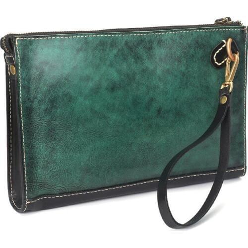 Handmade Women Men Vegetable Tanned Leather Bag Clutch Purse Pocket Clutches Cow Leather Manual Brush-off Envelope