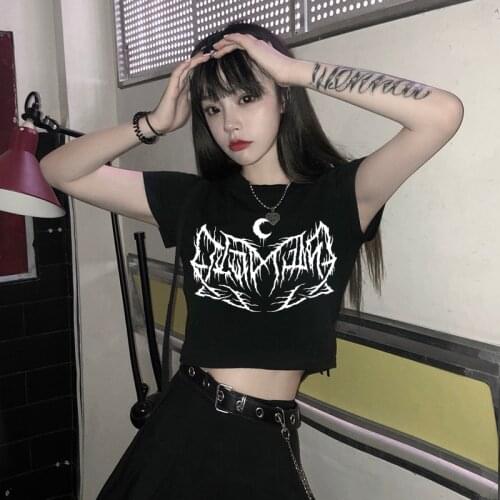 Sun Moon Print Crop Top Y2k Dark Streetwear Punk Short Sleeve Tees Young Gothic Womens T-shirt Graphic T-shirt Harajuku Corset