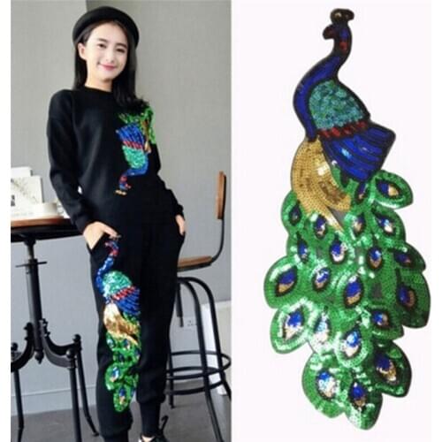 Unique African Lace Sew Dress Cloth Decorate Accessory Colorful DIY Sequin Peacock Embroidery Fabric Large Applique Patch 1 Pcs