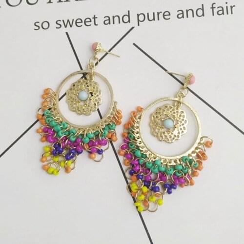 New Ethnic Indian Style Gold Color Jhumka Resin Beaded Statement Long Earrings For Women Boho Party Jewelry Accessories