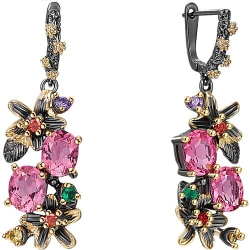 New Colorful Antique Earrings for Women Vintage Flower Style Fuchsia Zircon Dating Jewelry Drop Ships