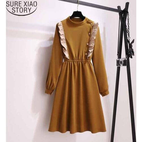 2021 Gentle Ruffled Women Long Dress Elegant Fashion A-Line Solid Elastic Waist Female Dress Autumn Slimming Draped Dress 12021