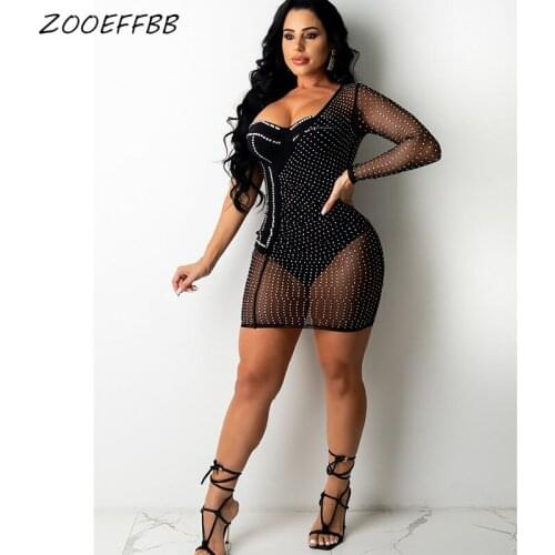 ZOOEFFBB Sexy Mesh Sheer Backless Y2K Mini Dress for Women One Shoulder See Through Diamond Clubwear Party 2021 Evening Dresses