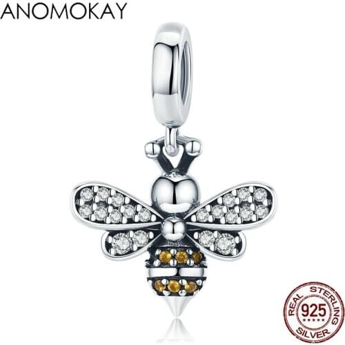 100% 925 Sterling Silver White CZ Bee Charm Pendant fit Bracelet Necklace S925 Silver Bead for DIY Jewelry Girlfriend Gift