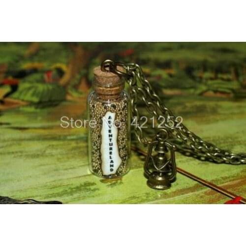12pcs Adventureland glass Bottle Necklace with a Bronze Lantern Charm Inspired necklace