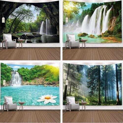 Forest Stream 3D Tapestry Beach Towel Waterfall Landscape Beautiful Printing Wall Carpet Yoga Mat Home Decor Tapestry Tablecloth