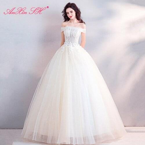 AXJFU Princess vintage flower lace white wedding dress luxury beading crystal boat neck illusion lace wedding dress 2078