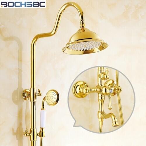BOCHSBC Rotatable Gold Rainfall Shower Set with Faucet European Style Luxury Full Copper Dual Holder Dual Control Shower Set