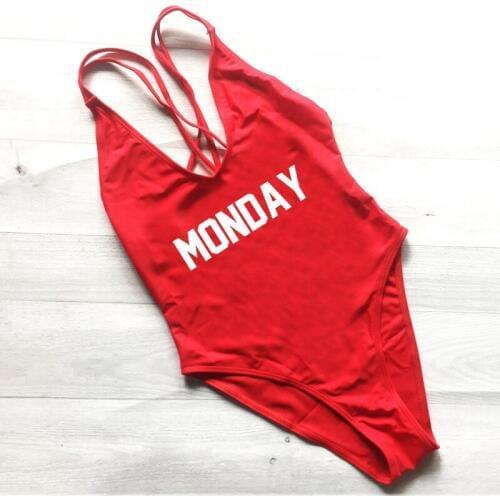 One Piece Swimsuit Monday Letter Printing Swimwear Women High Cut Low Back Bathing Suit Pink Monokini Bodysuit Beachwear Girls