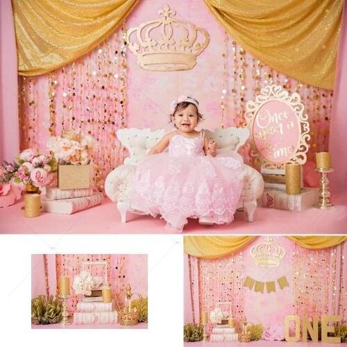 Photo Background Pink Flower Golden Crown Girl Baby 1st Birthday Party Photography Background Photocall Backdrop Decoration