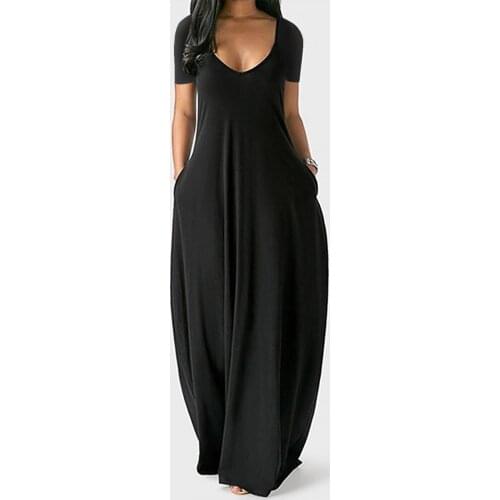 Hot Sale Women Casual Plus Size Multicolor Solid Color Maxi Dress Sexy V-Neck Short Sleeve With Pockets Holiday Long Dress