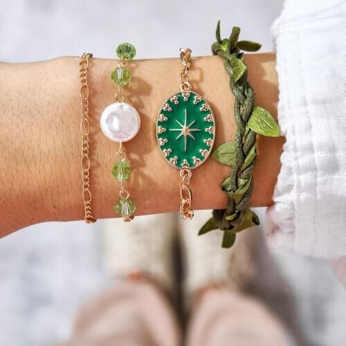 HuaTang Boho Green Crystal Pearls Charms Bracelet Set for Women Multilayer Enamel Oval Woven Rope Adjustable Cuff Female Jewelry