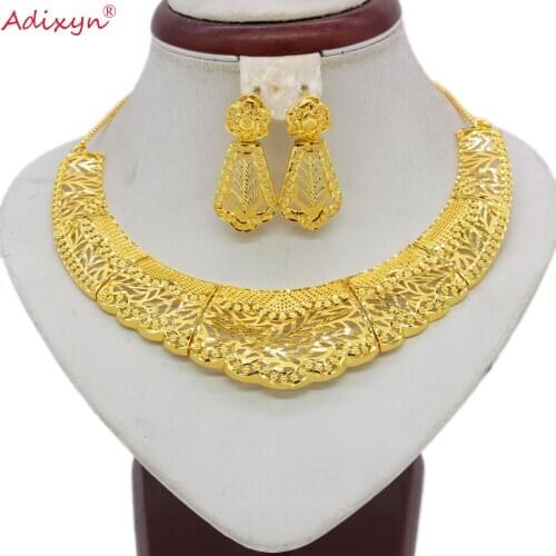 Adixyn Hollow Jewelry Set Brass For Women Gold Color flexible Choker Chain Jewelry African Bride Wedding Accessories N051711