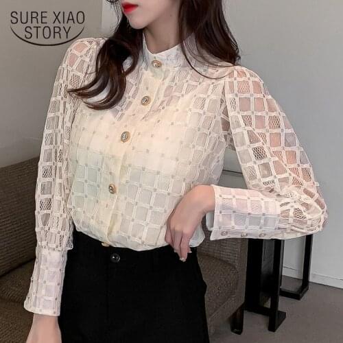 Lace Shirt Womens Autumn Shirt 2021 Spring Womens Standing Collar Long Sleeve with Mesh Blouse Bottom Coat Korean Syle Clothes