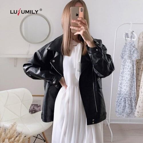 Lusumily New Womens Faux Leather Jacket Casual PU Loose Motorcycle Jackets Women Spring Korean Style Streetwear Oversized Coat