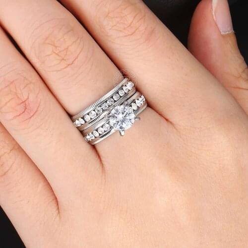 Mens Womens Ring Wedding Band Ring Smooth Silver Color Stainless Steel Paved Clear Cubic Zirconia KR137