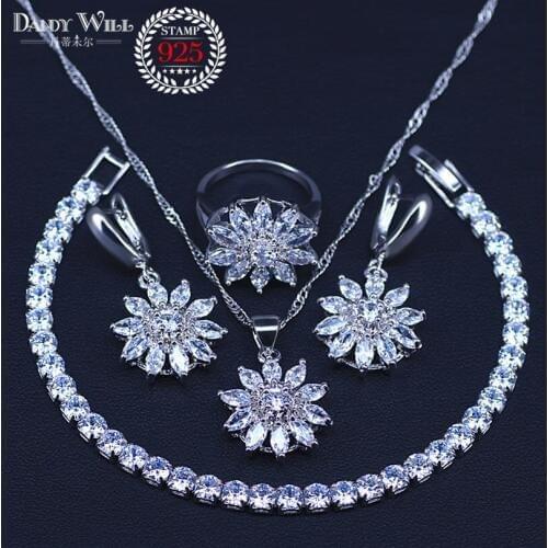 Promotion New Fashion Silver Color Jewelry Sets Cubic Zirconia Drop Earrings Necklace Bracelet Ring Set For Women