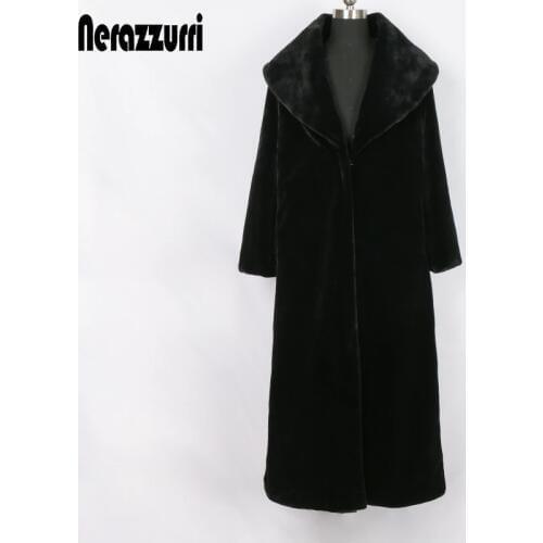 Nerazzurri Extra Long Black Winter Faux Fur Coat Women Long Sleeve Plus Size Elegant Fluffy Sheared Mink Fur Overcoat 6xl 7xl