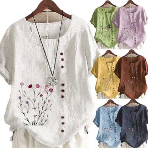 New Summer Fashion Floral Printed Linen T-shirt Ladies Short Sleeve O-neck Blouse Womens Loose Tops Plus Size