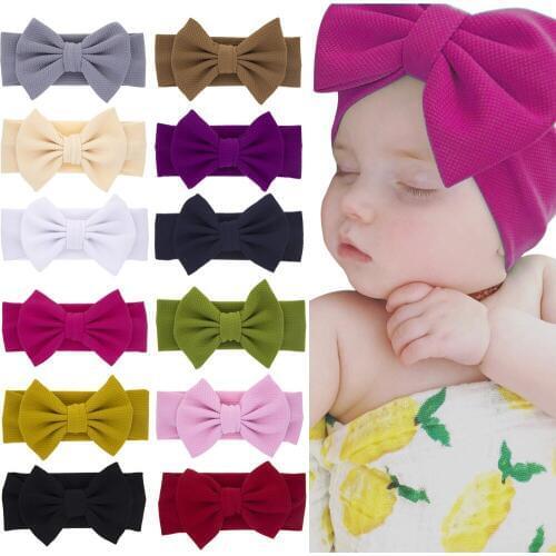 Nishine New Elastic Bow Knot Girl Turban Solid Color Headwraps Baby Kids Nylon Headbands Toddler Infant Hair Accessories