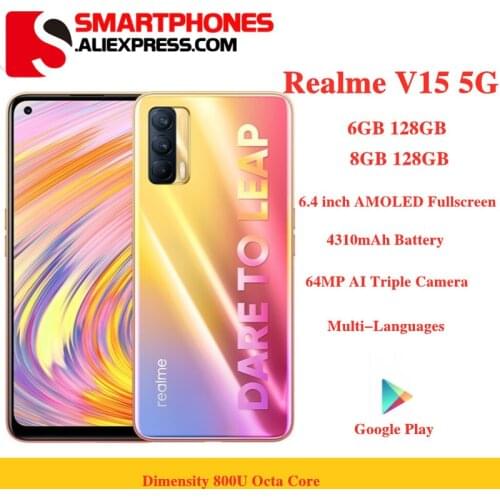 Realme V15 5G Smartphones 6.4'' FHD+ Dimensity 800U Octa Core 64MP Rear Camera 50W Fast Charger 4310mAh Android 10 Mobile Phone