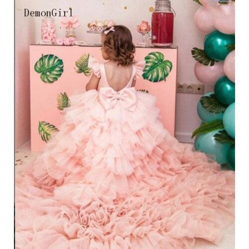 Luxury Hi-Lo Tiered Girl Pageant Gowns with Long Train Backless Flower Girl Dress for Wedding Kids Birthday Party Gowns