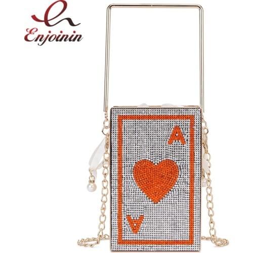 Luxury Hollow Heart Poker Design Evening Bags Shiny Diamonds Metal cage Women Clutch Bag Purses and Handbags Shoulder Chain Bag