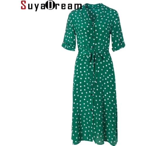 SD Women Belted Long Dress 100%Silk Crepe Dots Printed Short Sleeves Calf Length Dresses 2020 Spring Summer