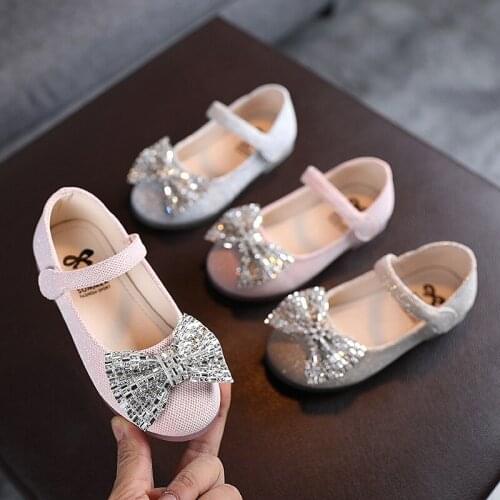 Bling bling Rhinestone Bow Princess Shoes For Wedding And Party Soft Soles Non-slip Kids Shoes Dance Little Girls Single Shoes