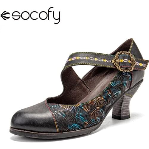 SOCOFY Women Splicing Colorful Leather Pumps Hook Loop Metal Buckle Ankle Strap Cone Heel Mary Jane Pumps Heel Casual Shoes