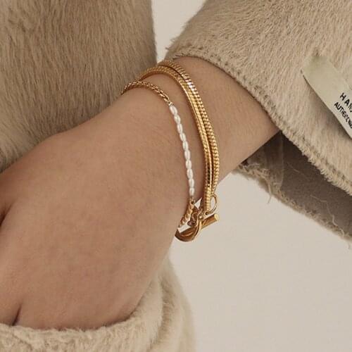 SRCOI Fashion Vintage Twisted Chain Bracelet Simple Freshwater Pearl OT Buckle Bracelet Women Daily Party Jewelry Accessories