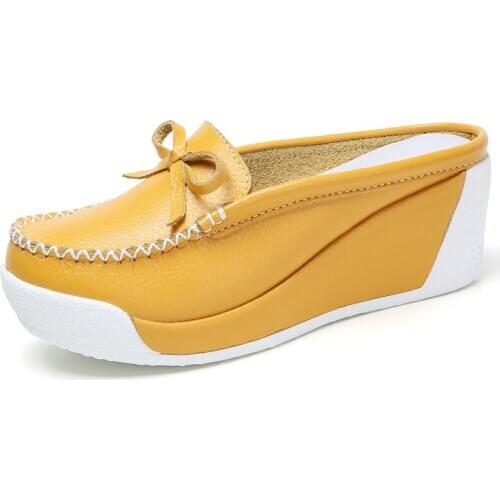 Leather Loafers Womens Mules Wedges 6cm Hight Heel Woman Slides Chunky Shoes Ladies Pumps Leather Slippers Bowknot Casual Shoes