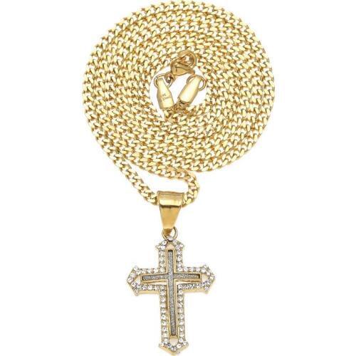 Hip Hop Rhinestones Paved Gold Titanium Stainless Steel Double Cross Pendants Necklace for Men Rapper Jewelry 24inch cuban chain