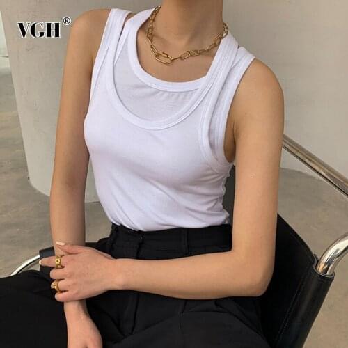 VGH Solid Sexy Tank Tops For Women O Neck Sleeveless Hollow Out Fake Two Casual Minimalist Vest Female Fashion New Clothing 2021