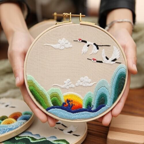 DIY embroidery Chinese style crane flower and grass embroidery set hanging picture. Bamboo embroidery bandage as a gift for free