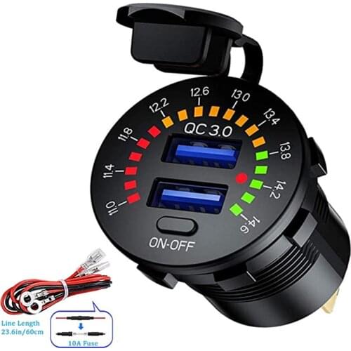12V-24V QC 3.0 Dual USB Car Cigarette Lighter Charger Waterproof With LED Streamer Voltmeter ON/OFF Switch Suitable For Boat Car