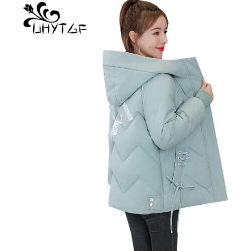 UHYTGF Elegant student winter coat women solid color wild Hooded casual warm jacket Thicken short top Parker Women plus size1022